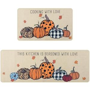 KIMODE Kitchen Rugs Non Slip Washable 17"x47"+17"x29", Fall Pumpkin Kitchen Rugs Sets of 2, Halloween Rugs for Kitchen Floor, Absorbent Kitchen Floor Mats for Sink Laundry Desk Beige Maple Leaf