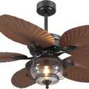 52 Inch Tropical Ceiling Fan with Light and Remote, Outdoor Waterproof Palm Leaf Ceiling Fan for Patios Porches Gazebos, Wet Rated, Glass Lampshade, 6 Speeds, Quiet, Brown, Bulb Included