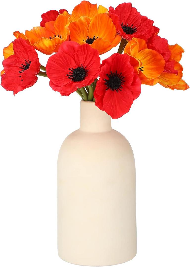 Artificial Poppy with Black Center Faux Poppy Anemones Fake Poppies Flower Arrangement for Floral Wedding Party Table Centerpieces Vase Bouquet Room Decor (Red, Orange,14 Pieces)