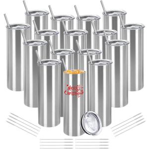 16 Pack Stainless Steel Skinny Tumblers Blank Bulk Straight Double Wall Insulated Tumbler with Lid and Straw for, DIY Gift, 20oz Silver