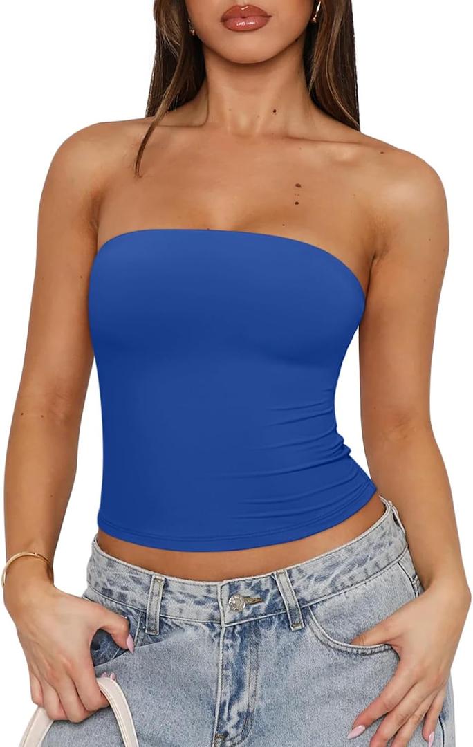 REORIA Women's Strapless Tube Top Double Lined & Non-Slip Y2K Backless Crop Tops for Summer Going Out (Blue, L)