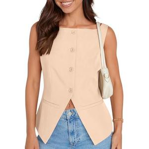 UEU Womens Vest Top 4 Button Sleeveless Boat Neck Fully Lined 2025 Trendy Dressy Business Work Blazer Suit Waistcoat, M,Beige