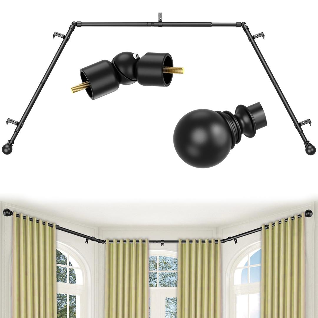 Corner Curtain Rod for Windows 32 to 158 Inches,1 Inch L-shaped Curved Heavy Duty Corner Window Curtain Rods, Adjustable Renter Friendly Drapery Rods for Bedroom Living Room