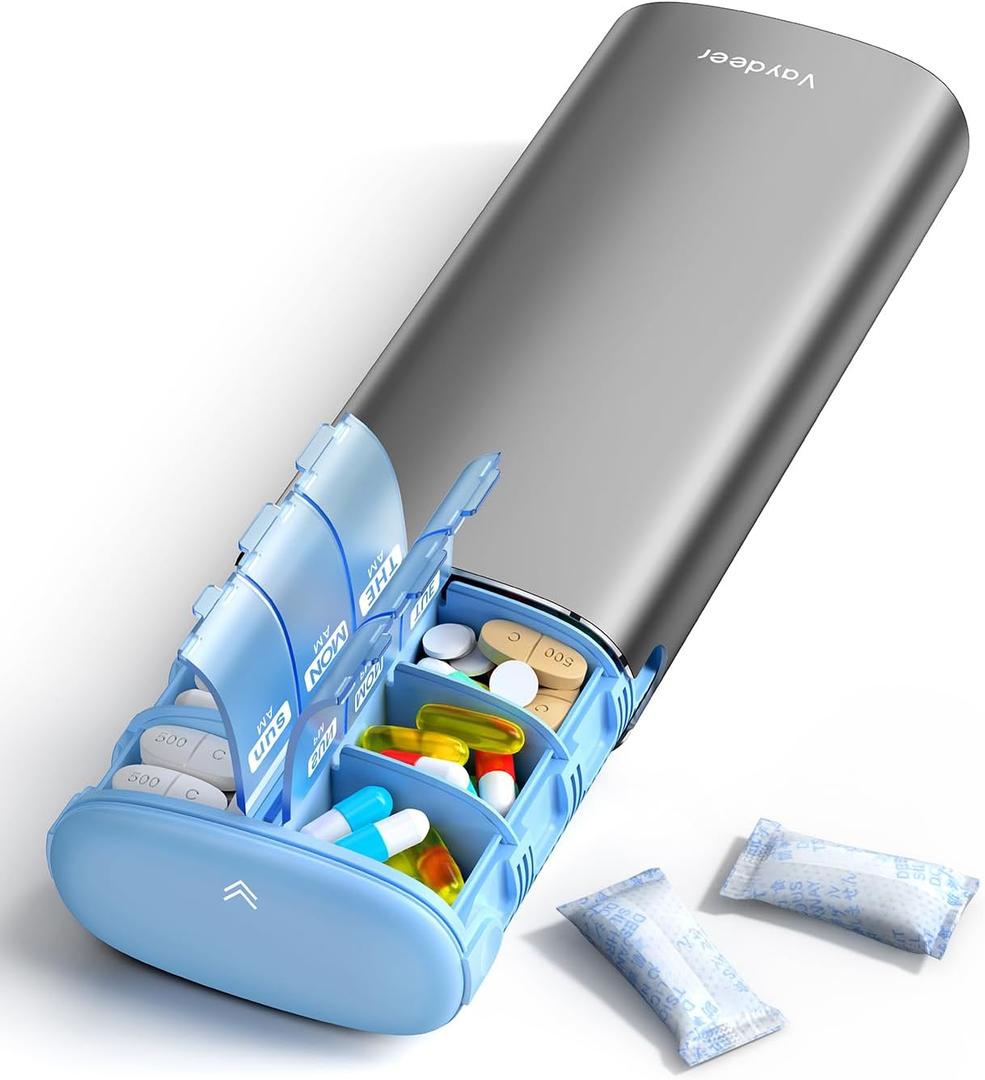 Vaydeer Metal 7 Day Pill Organizer 2 Times a Day AM PM Weekly Travel Pill Case with Moisture-Proof Desiccant, Airtight Large Capacity Pill Box for Vitamins, Medications & Supplements (Grey)