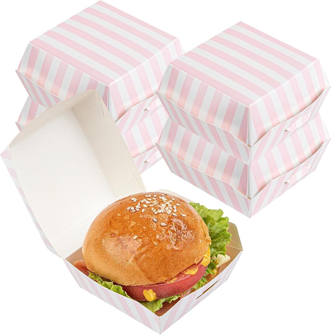 Restaurantware 2.8 x 2.8 x 2 Inch Mini Burger Boxes 100 Clamshell Food Containers - Hinged Lid Striped Pink And White Paper Take Out Boxes Serve Sliders Or Finger Foods