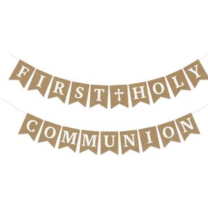 First Holy Communion Burlap Banner, Pre-Strung Communion Baptism Religious Communion Party Decor, Christening Confirmation Decorations