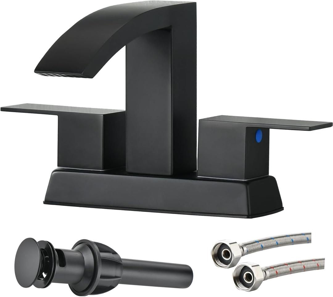 Matte Black Bathroom Faucet,Waterfall Black Faucet for Bathroom Sink,4 Inch Stainless Steel Bathroom Sink Faucet,Two Handle RVs Lavatory Vanity Faucets with Water Hoses