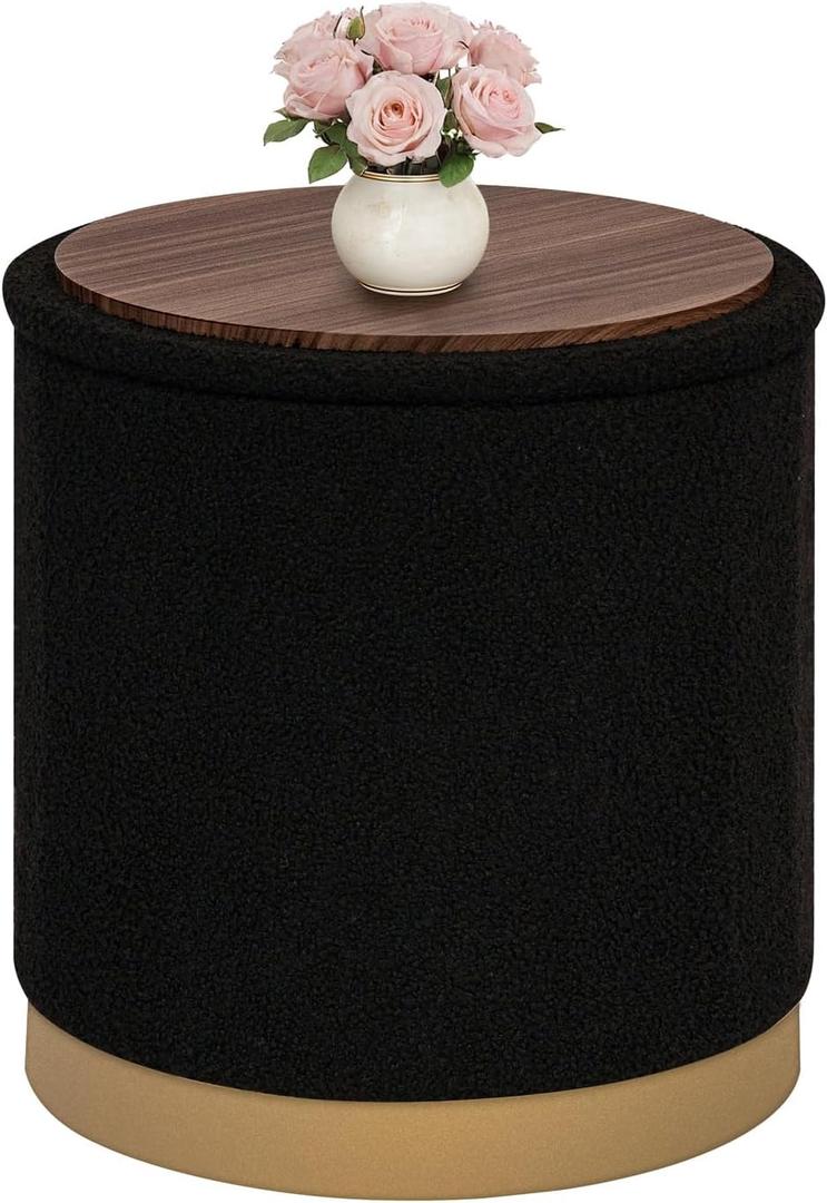 B FSOBEIIALEO Ottoman with Stroage, Round Boucle Storage Ottoman with Gold Plating Base,Foot Rest Stool for Dorm Room, Living Room Black, 16.73"x16.73"x17.72"