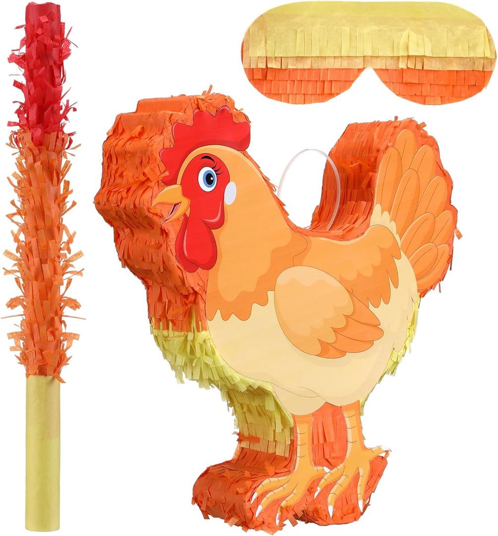 Seenelling Chicken Piata 3D Chicken Birthday Decoration with a Blindfold and Bat for Kids Girls Boys Gift Holiday Piata Party Baby Shower Supplies