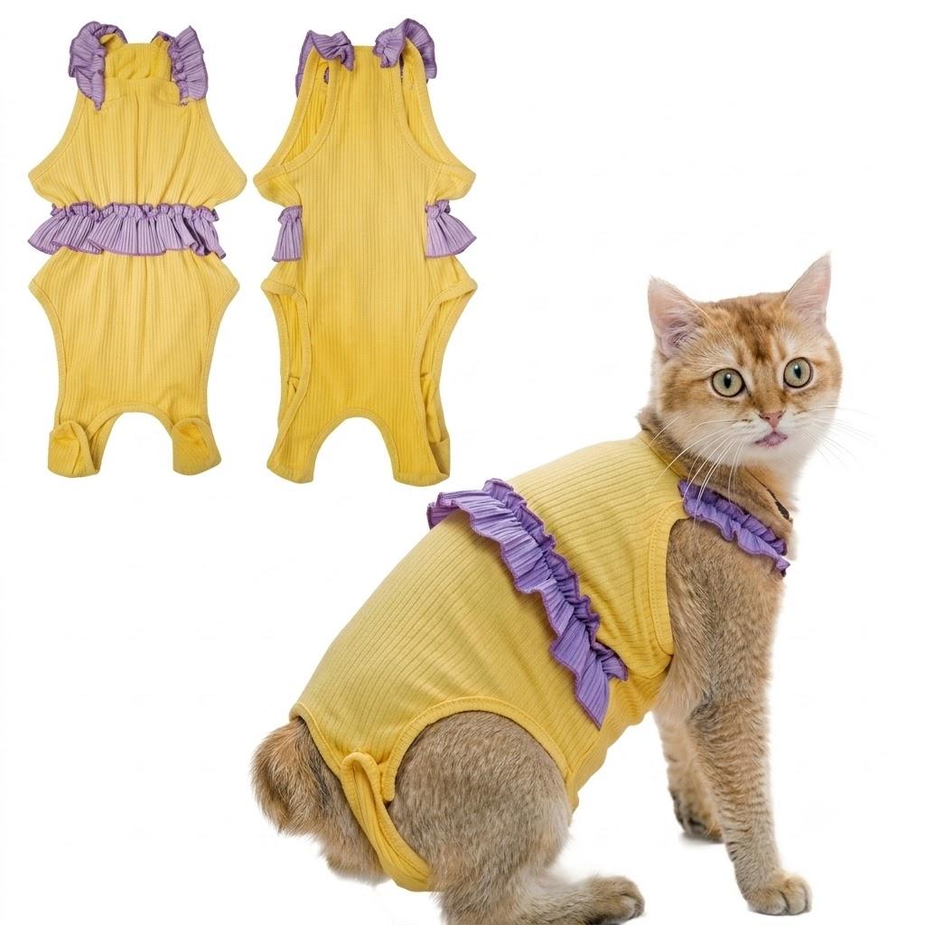 Paipeper Cat Recovery Suit, Kitten Onesie After Surgery, E-Collar Alternative for Abdominal Wound and Skin Diseases, Soft Breathable Bodysuit After Spay（Yellow-XL）