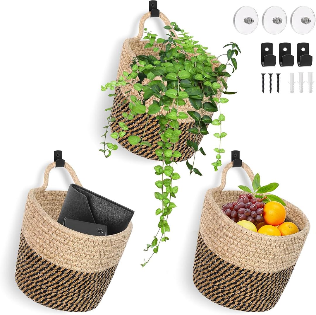 Fabric Wall Hanging Baskets 3 Pack - Woven Storage Organizers with Adhesive Hooks, Boho Style Wall Mounted Pouches for Home Kitchen Door (Large, Khaki & Dark brown)