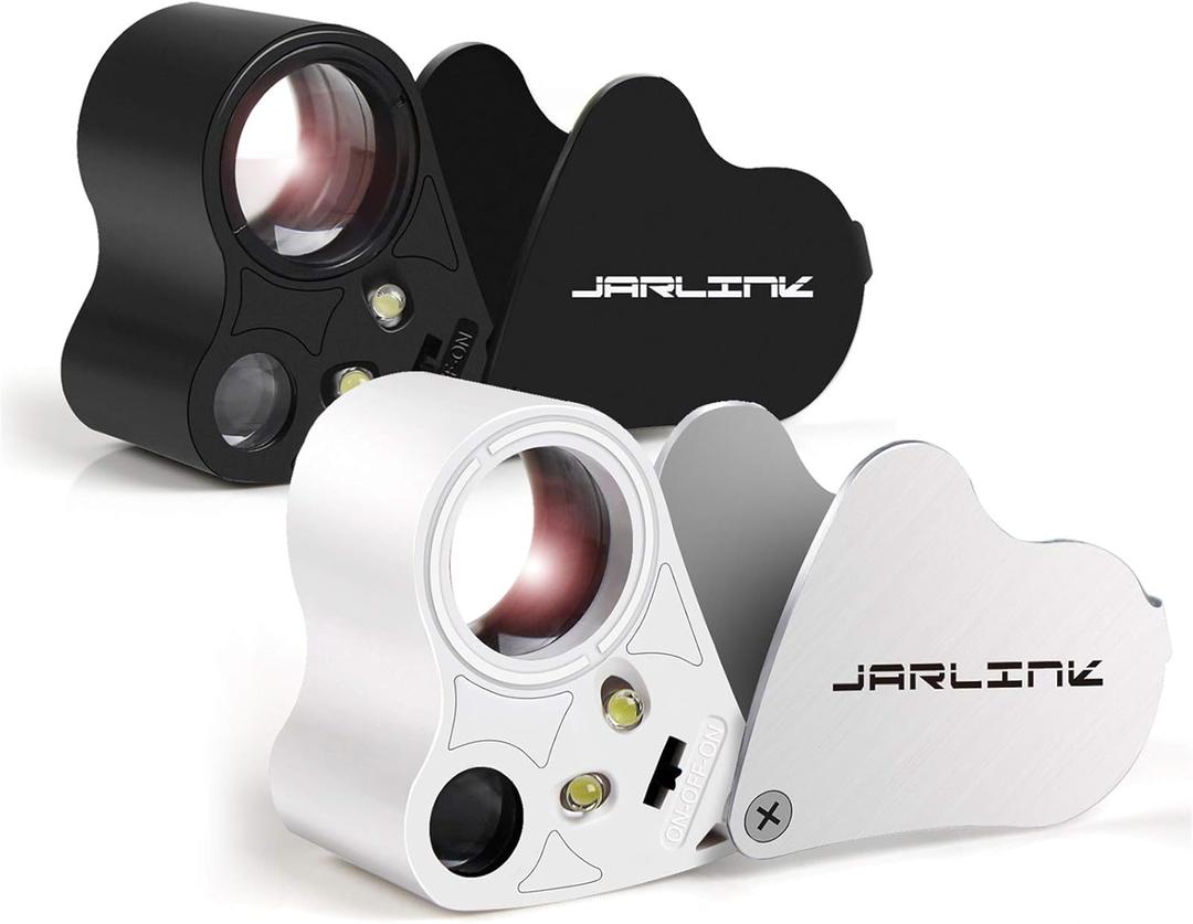 JARLINK 2 Pack 30X 60X Illuminated Jewelers Loupe Magnifier, Foldable Jewelry Magnifier with Bright LED Light for Gems, Jewelry, Coins, Stamps, etc (White & Black)