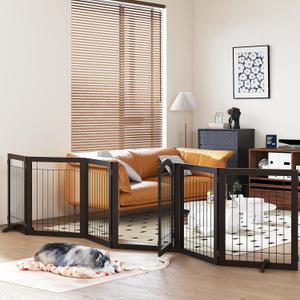 PAWLAND 144-inch Extra Wide 30-inches Tall Dog gate with Door Walk Through, Freestanding Wire Pet Gate for The House, Doorway, Stairs, Pet Puppy Safety Fence, Support Feet Included, Espresso,【6 Panels with Door】144"W x 32"H