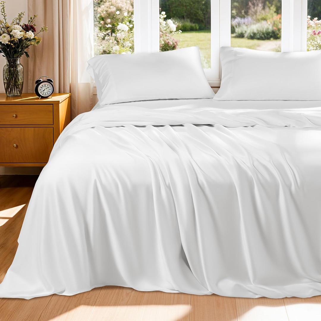 Luxury Mulberry Silk Modal Queen Size Sheet Set 4pc, Ultra Breathable & Cooling Bed Sheets for Hot Sleepers, Hotel Luxury Silky Bedding Sheets, 16" Deep Pocket(Queen,White)