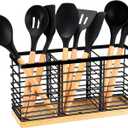 TACGEA Utensil holder for Kitchen Counter, Kitchen Cooking Utensil Holder Organizer with Wooden Base Matte Black (3 Compartments)