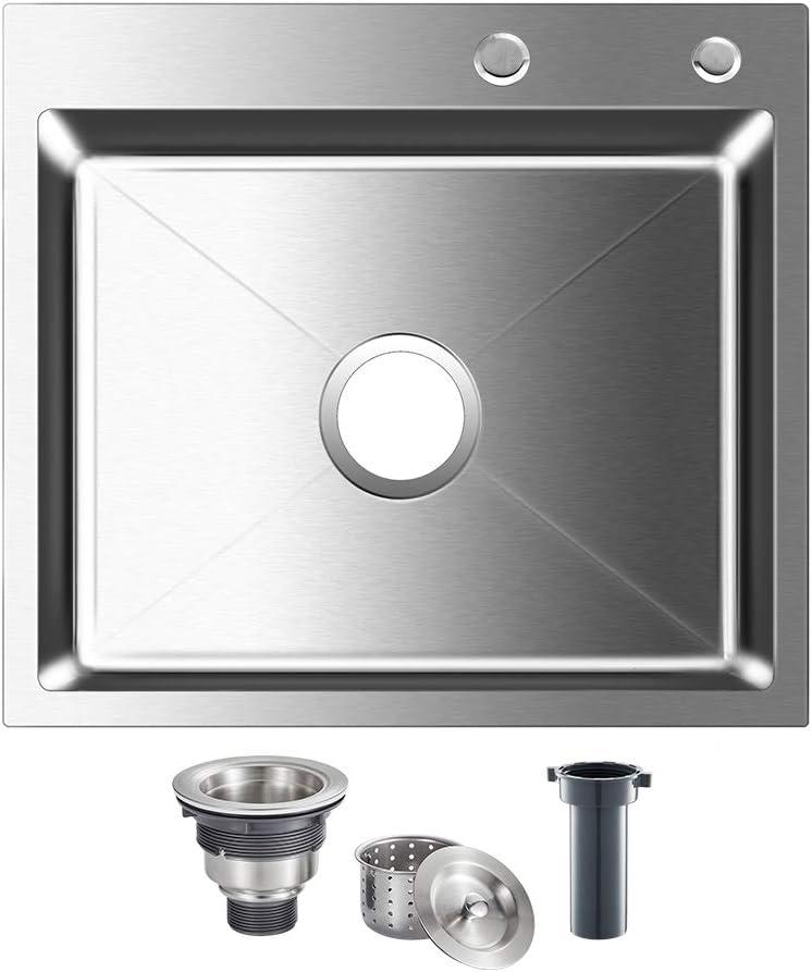 ROVOGO 21.7"x17.7"x8.7" Kitchen Sink Drop-in, 304 Stainless Steel Single Bowl 2-Hole, Top Mount Handmade Bar Prep Sink with Drain Assembly, Brushed