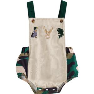 Newborn Baby Boy Hunting Clothes Animal Embroidery Romper Sleeveless Square Neck Overall Infant Summer Outfit (12-18 Months, Camouflage)