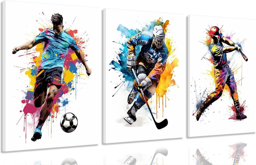 3Pcs Soccer Graffiti Canvas Wall Art Baseball Lce Hockey Pictures Wall Decor Physical Education Player Posters Prints Paintings for Teenagers Children'S Room Sports Enthusiasts Home Decoration (12x16in)