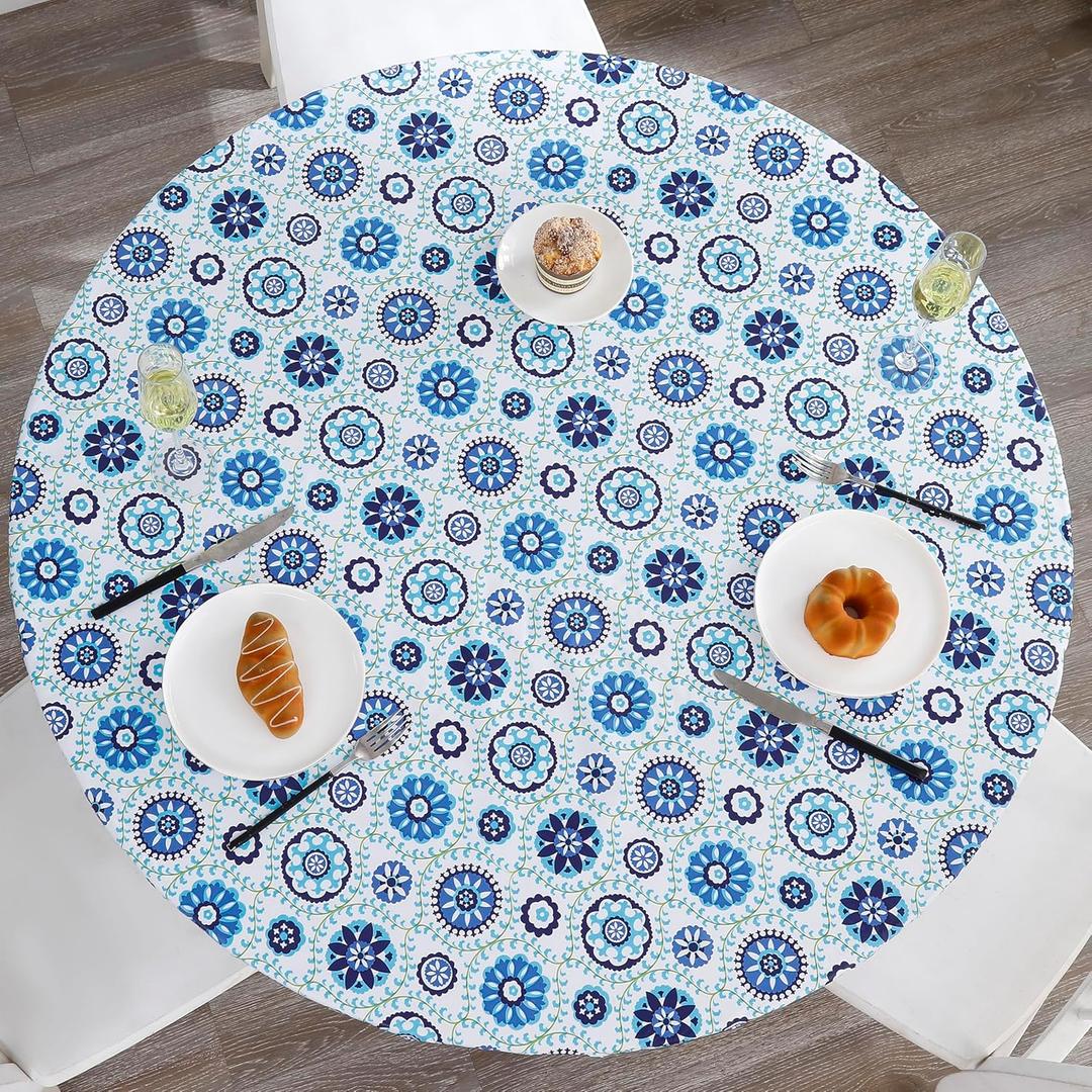 Walrus Round Vinyl Fitted Tablecloth with Flannel Backing Elastic Edge Design Table Cover Waterproof Oil-Proof PVC Table Cloth Stain-Resistant Best for 57"-66" Round (Floral Vine)
