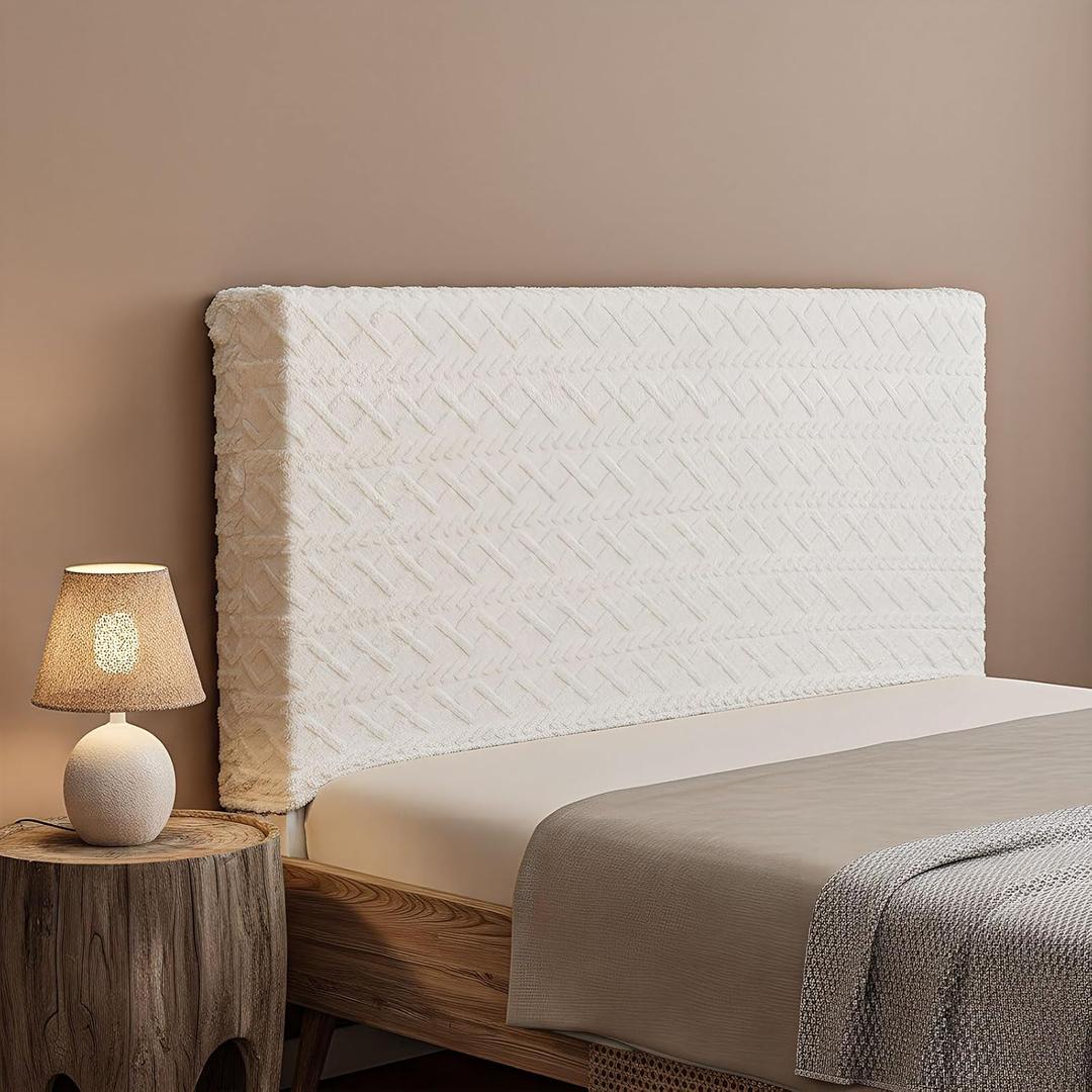 Gilprop Bed Headboard Cover Stretch Jacquard Bed Head Board Slipcover Dustproof Protector Velvet Cover for Bedroom Decor(White Queen 59"-67")