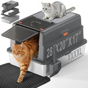XXXXL Stainless Steel Litter Box with Lid,28.0" L 20" W 17" H Extra Large High Sided Cat Litter Box for Multi -Cats,Enclosed Metal Litter Box with Cat Scratcher and Scoop,Dark Gray