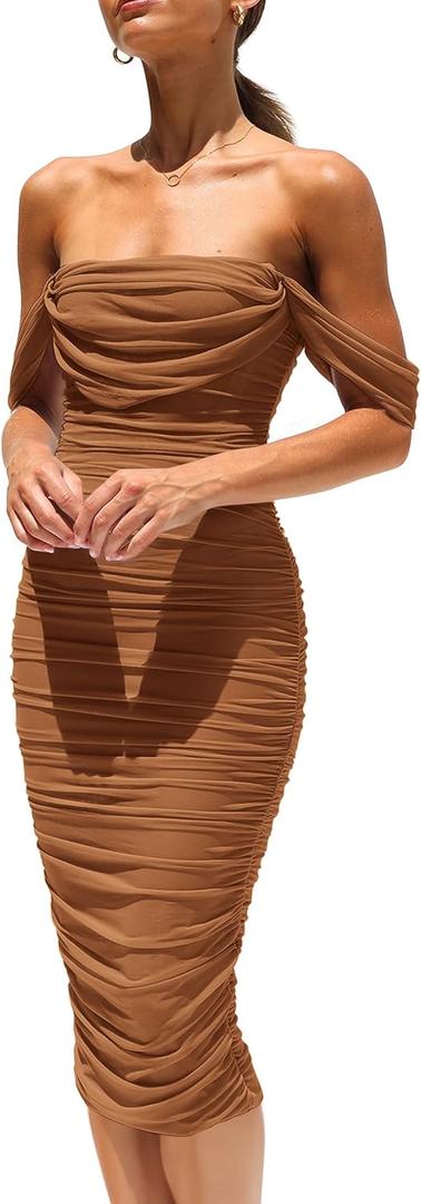 PRETTYGARDEN Women's Summer Off The Shoulder Ruched Bodycon Dresses Sleeveless Fitted Party Club Midi Dress (Medium, Brown)