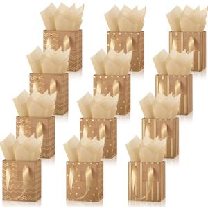 Tenare 12 Pcs Small Gift Bags Mini Metallic Paper Bag Bulk Tiny with Handle Tissue Paper for Gift Wrapping Happy Valentines Day Chinese New Year Birthday Party(4 x 2.75 x 4.5 Inch,Brown Gold)