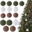 Suzile 15 Pcs Crochet Christmas Balls Ornaments for Gifts 3.1'' and 2.3'' Xmas Tree Neutral Rustic Boho Farmhouse Knitted Hanging Balls for Holiday Wreath Fireplace Garland Decor(Gray, White, Green)