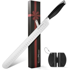 Slicing Carving Knife, 12" Brisket Knife, Ergonomic Handle Design, for Cutting BBQ Turkey Ham Rib Roast Beef with Sharpener. (Curved Smooth Handle)