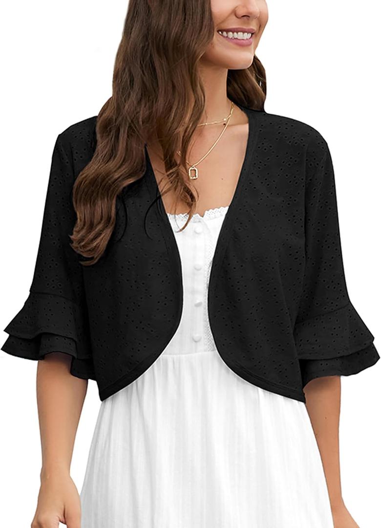 Heymoments Women's Summer Shrugs Ruffled Hem Open Front Crochet Lightweight Dressy Cardigan for Dresses (Black, S)