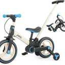 JMMD 6 in 1 Toddler Bike with Push Handle for Kids 18-60 Months, 12" Foldable Balance Bike with Training Wheels, Pedals, Brakes, Kickstand, Push Tricycle Toddler Gift & Toys for Boy & Girl (Large, Blue)