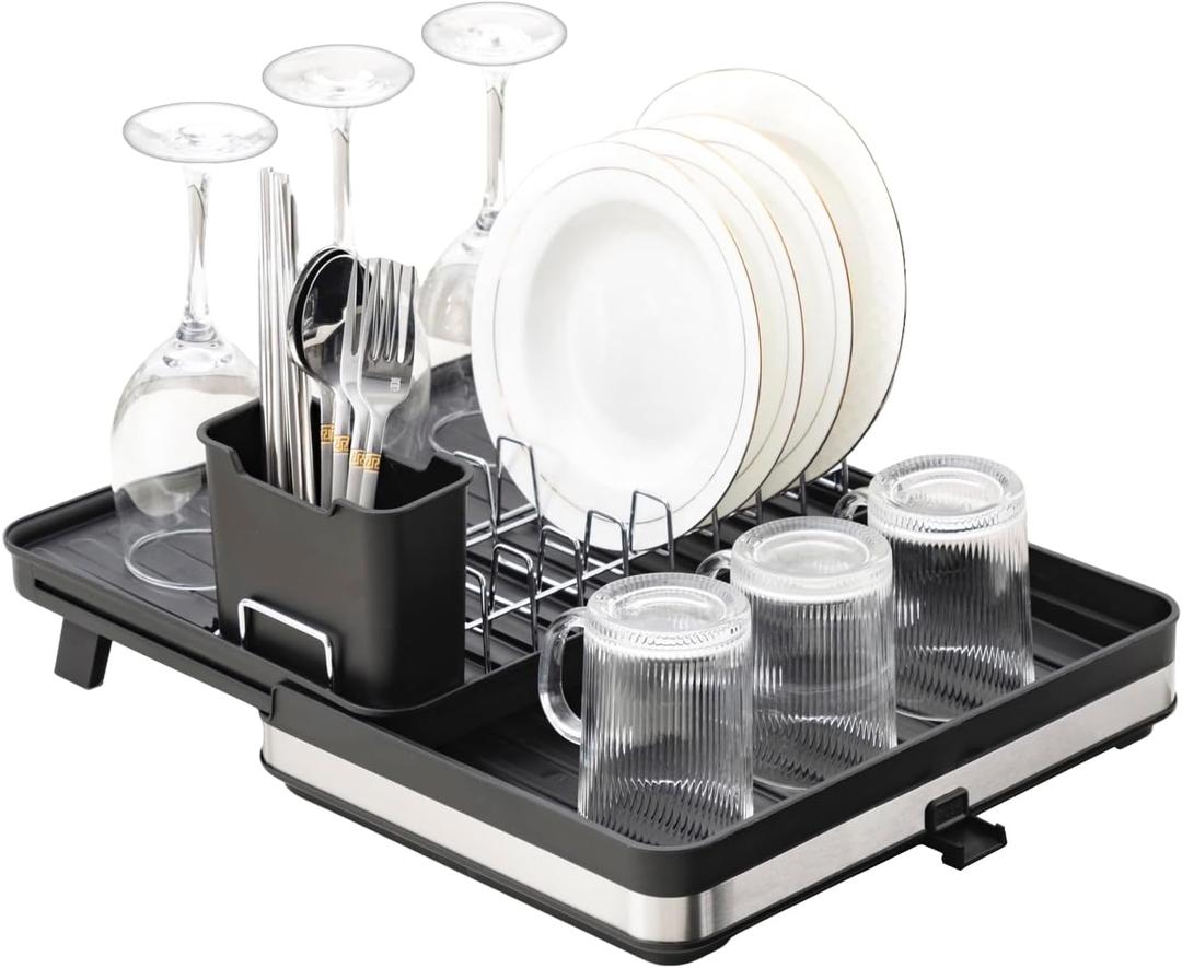 Sineng Expandable Dish Drying Rack,Stainless Steel Foldable Dish Rack with Cutlery Holder,Multifunctional Compact countertop Dish Drainer,Space Saving extendable Big Capacity Dish Holder (Black)