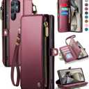 Defencase Compatible with Samsung Galaxy S24 Ultra Case Wallet with RFID Blocking Card Holder for Women, PU Leather Magnetic Snap Flip Zipper Strap Phone Case Fit for Galaxy S24 Ultra 5G, Wine Red