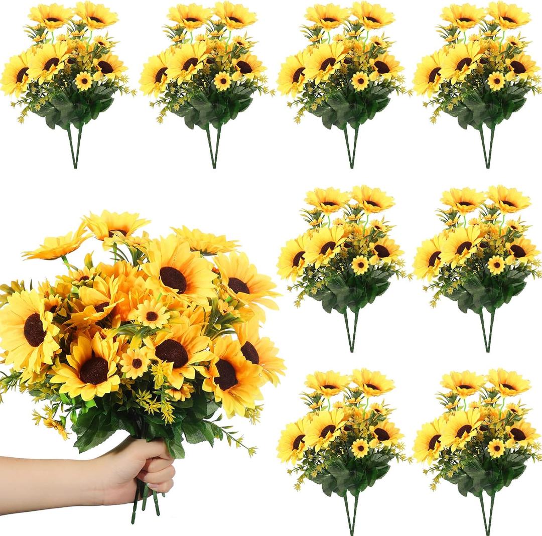 Jexine 16 Packs Artificial Sunflower Bouquets Decorations with Stems Silk Sunflowers Fake Yellow Flowers Faux Floral Arrangement for Wedding Vase Baby Shower Home Bridal Indoor Outdoor Decor