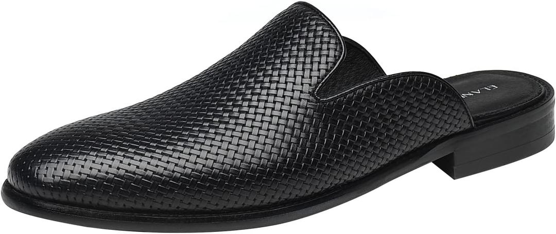 ELANROMAN Men's Backless Loafers Black Genuine Leather Mules Slippers Slip on Shoes (8)