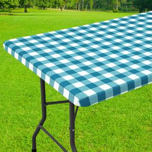 Smiry Rectangle Picnic Table Cloth, Elastic Waterproof Fitted Vinyl Tablecloths, Flannel Backed Buffalo Plaid Table Covers for Dining, Camping, Outdoor (White and Turquoise, 24" x 48")
