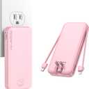 Portable Charger, 10000mAh PD20W Fast Charging Power Bank with Built-in Cables & Wall Plug, Travel Essentials External Battery Pack, USB C Battery Phone Charger for iPhone, iPad, Samsung Pink