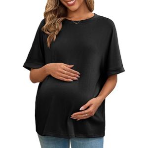 Tankaneo Womens Maternity T Shirts Oversized Short Sleeve Tunic Tops Casual Summer Loose Fit Crewneck Pregnancy Clothes (Black, M)