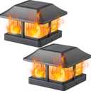 Dynaming Solar Flame Post Cap Lights Outdoor, Solar Powered Fence Post Light, Flickering Flame LED Lantern Lamps Waterproof for Garden Deck Patio, Fit 4x4 Wooden/Vinyl Posts, 2 Pack (Black)
