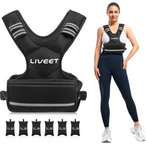 Adjustable Weighted Vest for Women Men, 4-10lb 11-20lb 20-32lb Weight Vest with 6 Ironsand Bags, Running Vest with Reflective Strips Adjustable Buckle Straps for Walking Strength Training (Black)