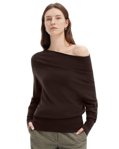 SUUKSESS Women Cashmere Oversized Off The Shoulder Pullover Sweater Batwing Boat Neck Jumper Knit Tops (Chocolate, M)