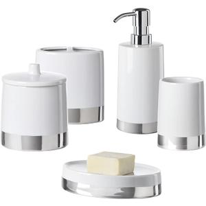 Bathroom Accessories Set, 5-Piece Ceramic Bath Accessory Complete Set with Lotion Dispenser/Soap Pump, Cotton Jar, Soap Dish, Tumbler and Toothbrush Holder (White and Silver)