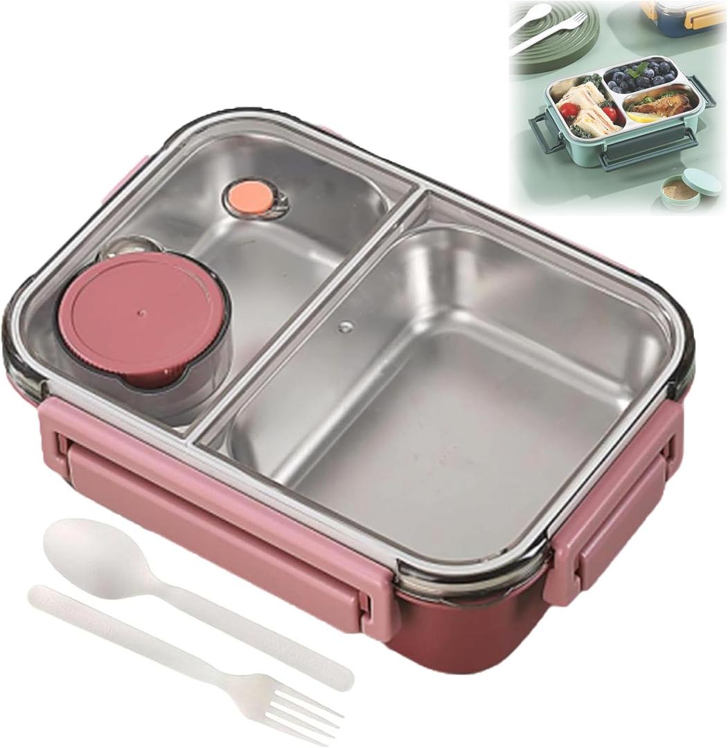 Escentio Lunch Box, Stainless Steel Portable Escentio Lunch Box, with Tableware and Divided Compartments (Two Compartments Pink)