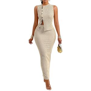 SOLY HUX Women's 2 Piece Business Casual Outfits Striped Button Up Vest and Bodycon Maxi Skirt Set, XS