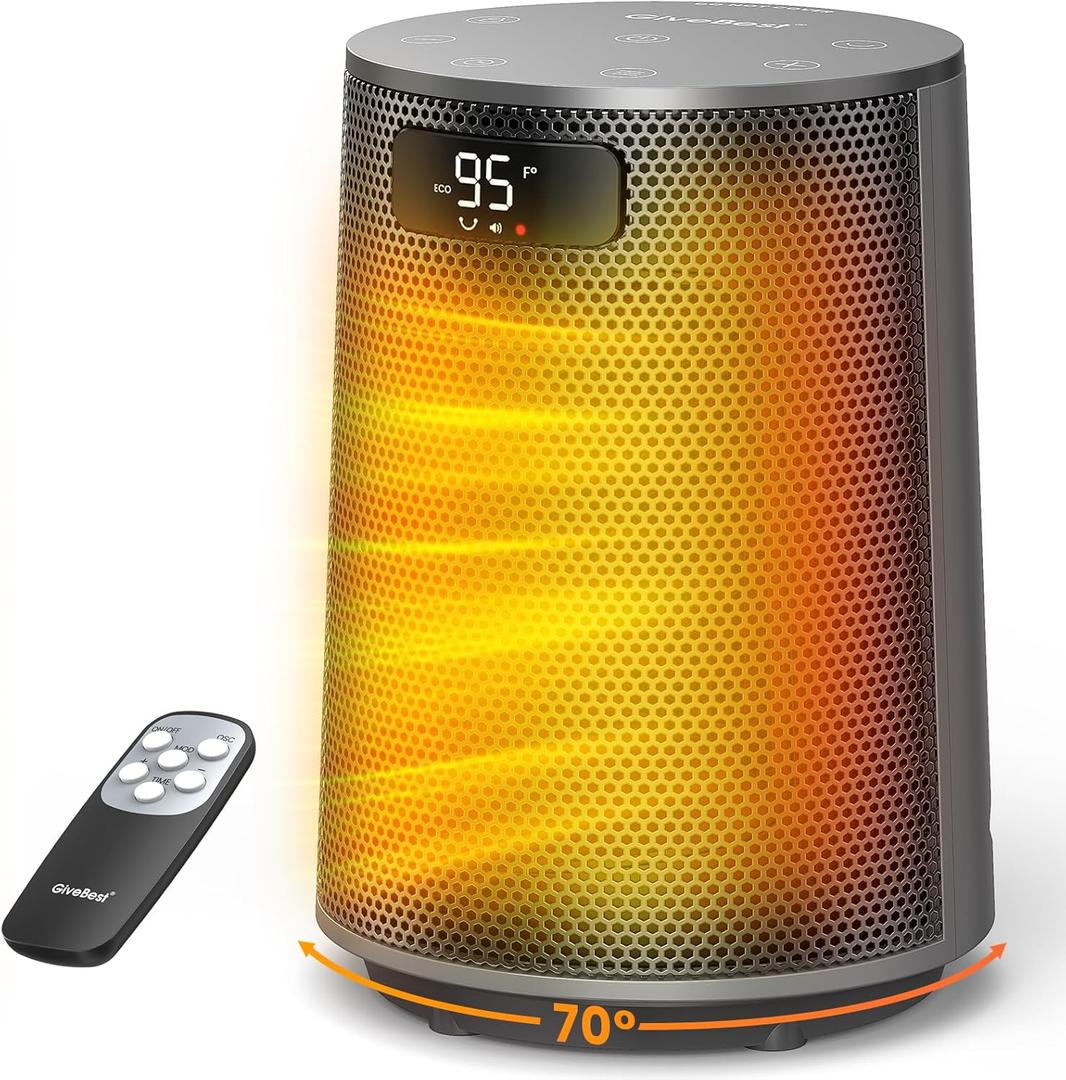 GiveBest Space Heater, Electric Portable Heaters for Indoor Use with Thermostat and Remote, 70Oscillation, Digital Display, 12H Timer, 1500W PTC Ceramic Fast Safety Heat for Office Bedroom Home, Grey