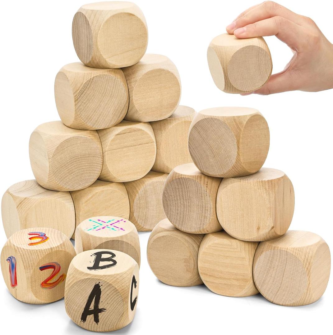ZEAYEA 20 Pcs Blank Wooden Dice, 2 inch Unfinished Square Blocks, Blank 6 Sided Wood Cubes with Rounded Corners for Building Blocks, DIY Craft Projects, Party Supplies