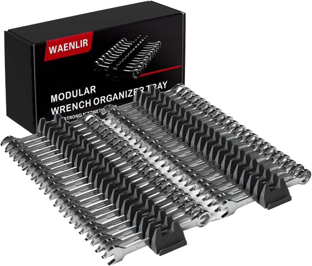 WAENLIR 48PCS Magnetic Modular Wrench Organizer Set-Tool Drawer Storage Rack with Metric&SAE Labels, Wrench Holder with Magnet, Perfect Tool Gift for Men, father, boyfriend, DIYers & Mechanics (Black)