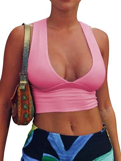 AEPEBO Sexy Crop Tops for Women Deep V Neck Back Cutout Sleeveless Plunge Racerback Tank Cropped Top Size S
