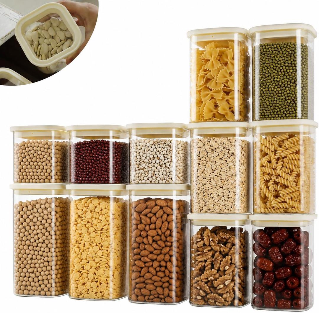 12-Pack Square Glass Pantry Storage Containers with Glass Lids, 25oz x 3 + 40oz x 6 + 53oz x 3