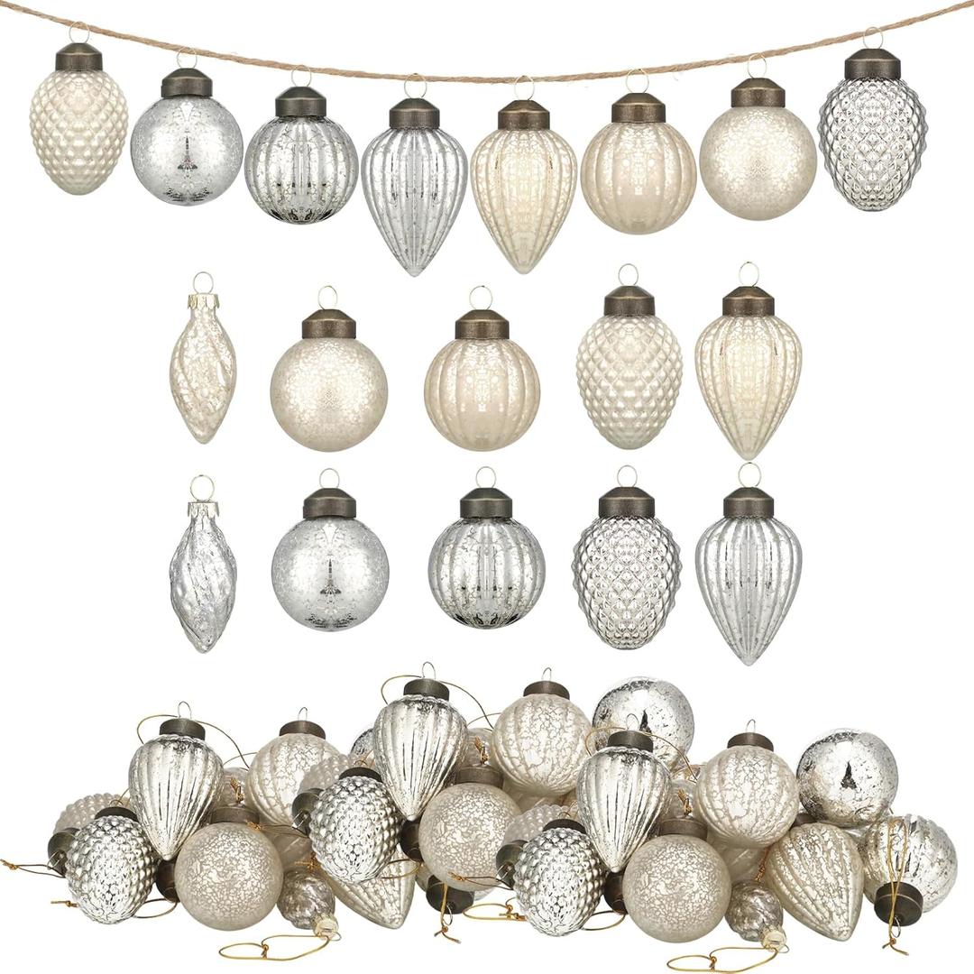 Sliner 30 Pcs Christmas Mercury Glass Ball Ornament Garlands with Fabric String Embossed Mercury Glass Ornament Xmas Vintage Bulb Garland for Home Wall Party Decoration(Silver)